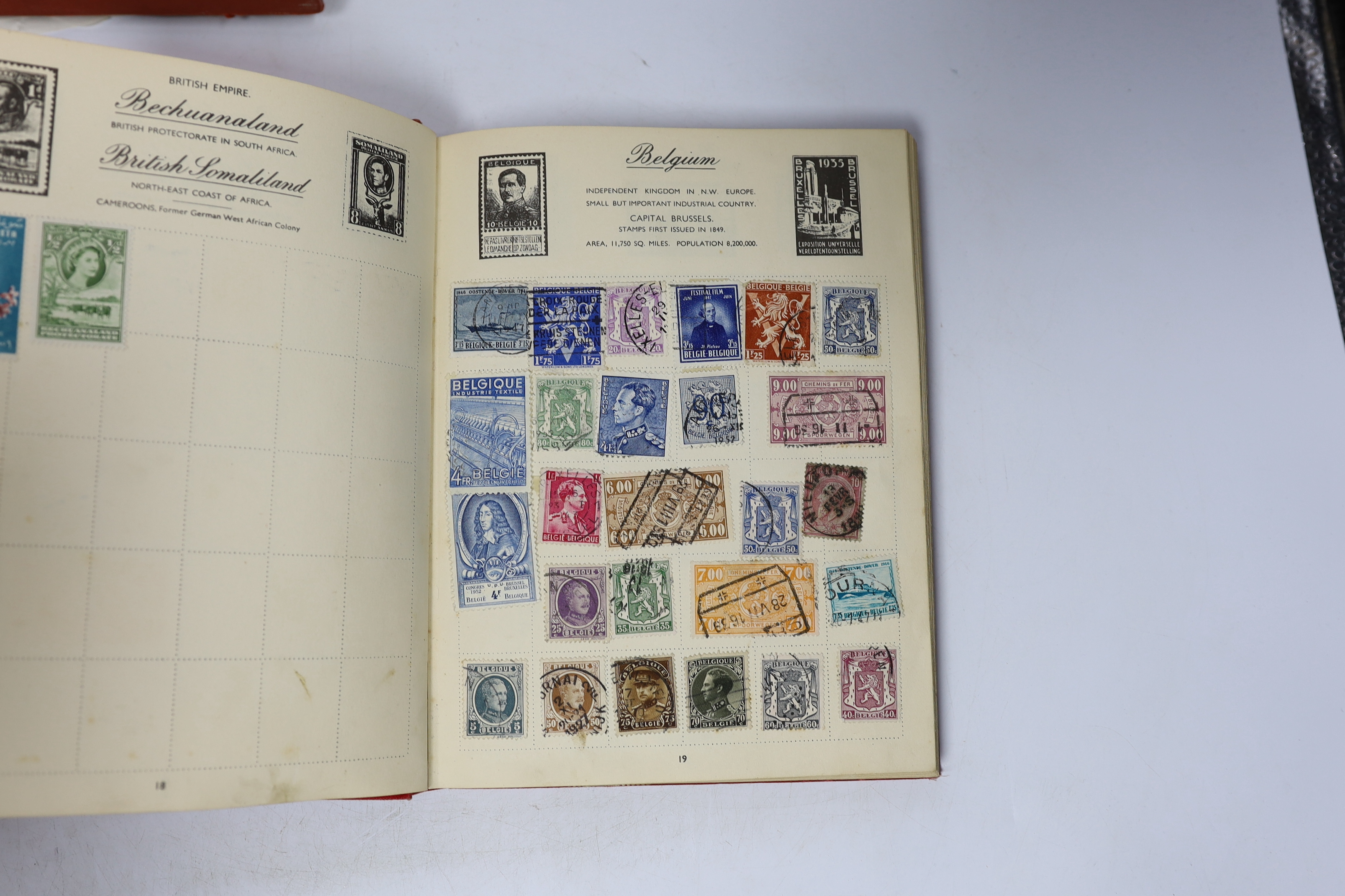 A Lincoln Stamp Album, sparsely mounted with an all world accumulation of late 19th/early 20th century all world issues; a Royal Mail stamp album, one other and two mounted blocks of Australian Test Cricket Centenary (18